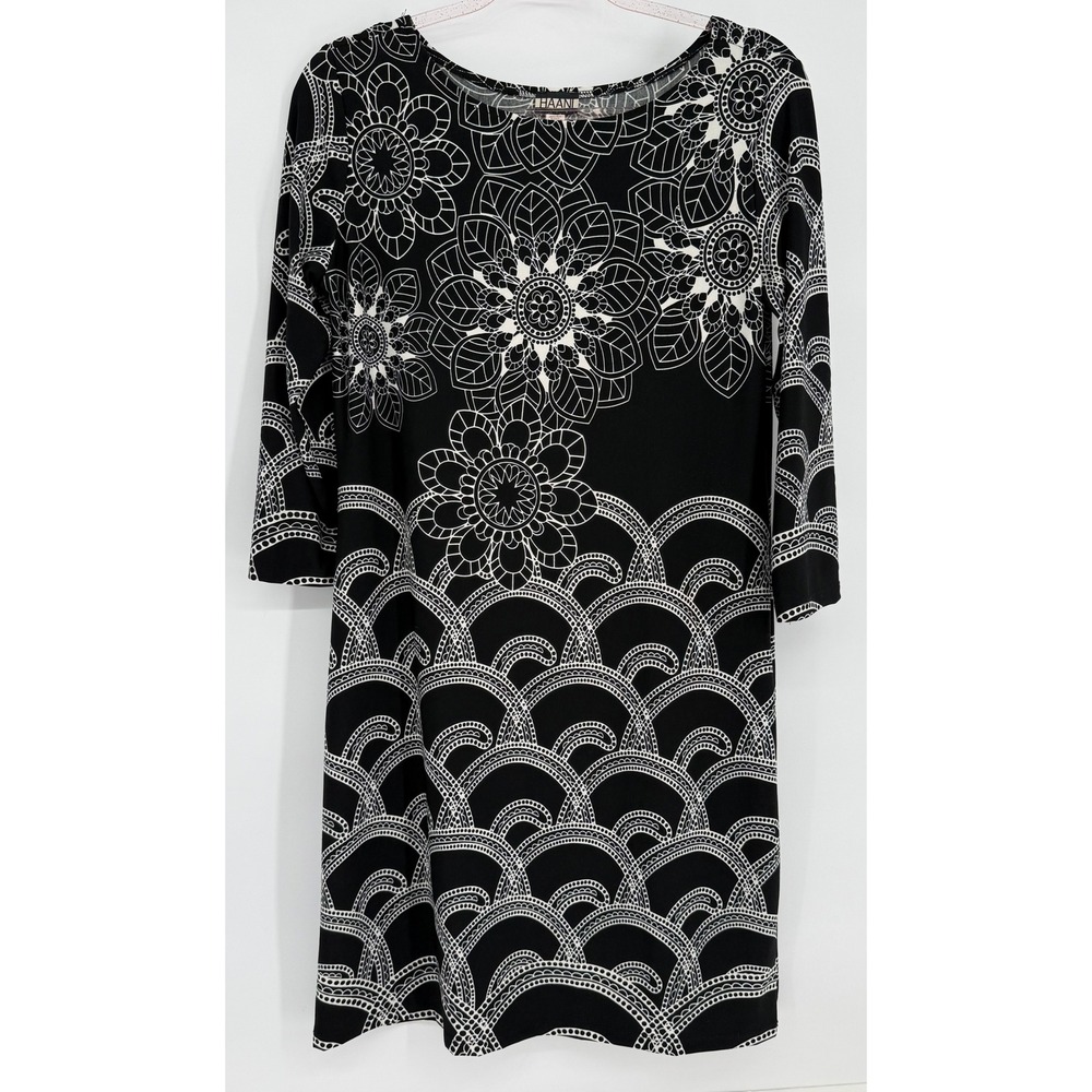 HAANI Womens Black White Medallion Print 3/4 Sleeve Shift Dress Sz M